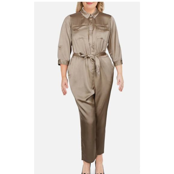 INC Womens Wide Leg Button-Front Jumpsuit Doe Brown Size 16W NWT $129 - Picture 2 of 6